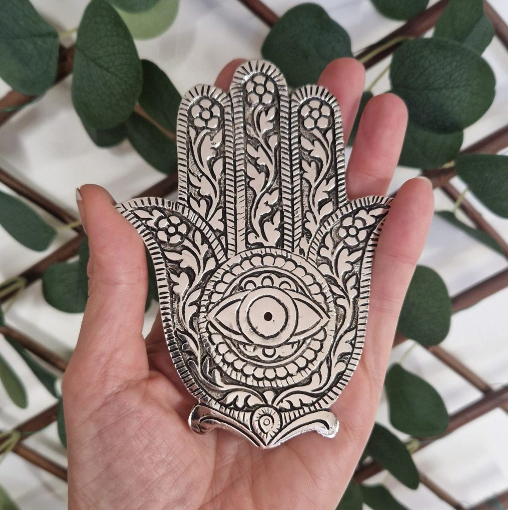 Handcrafted Aluminium Incense Holder - Hand of Hamsa